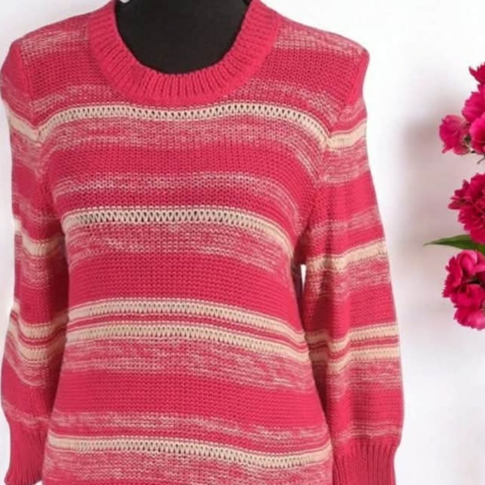 Sweater Pink and White Striped Loose Weave Crew Neck NY Collection Size M